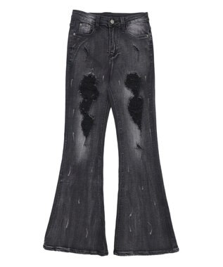 WEGO 【美脚】ダメージフレアデニム ブラック