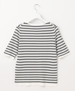 23区 S 【洗える】レーヨンポリエステルストレッチ 5分袖 ニット オフホワイトxブラックボーダー