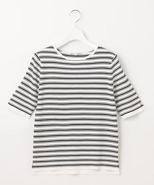 23区 S 【洗える】レーヨンポリエステルストレッチ 5分袖 ニット オフホワイトxブラックボーダー