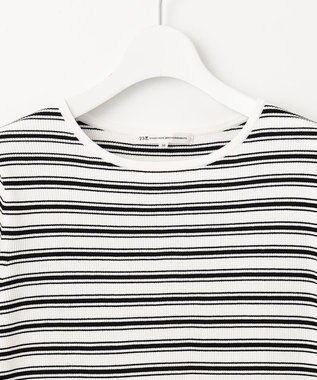 23区 S 【洗える】レーヨンポリエステルストレッチ 5分袖 ニット オフホワイトxブラックボーダー