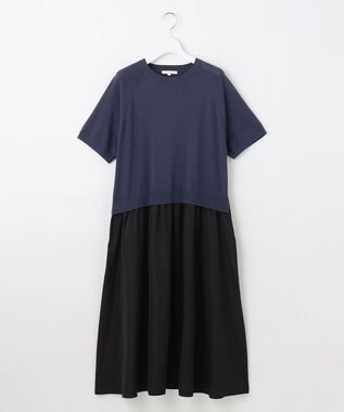 自由区 L 【洗える】タフタコンビ半袖 ワンピース インディゴブルー×ブラック