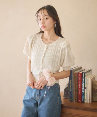 earth music&ecology 透かしケーブルパフスリニットカーディガン Ivory