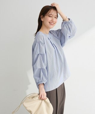 Green Parks イージーケア袖タックブラウス Stripe Blue