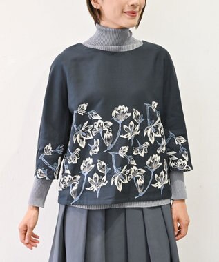 muuc 〈遠州織物の工場で織られた上質なコットン生地〉モクレン刺繍 ノーカラー プルオーバー（セットアップ可能） ネイビー×グレー