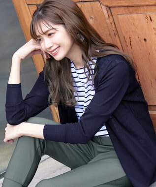 Tiaclasse 【洗える】バックリブプリーツ編みロングカーディガン ネイビー