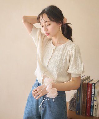 earth music&ecology 透かしケーブルパフスリニットカーディガン Ivory