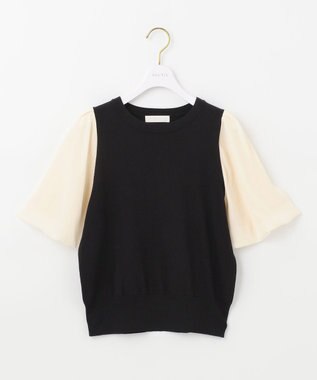 ANY SIS 【洗える】バルーンスリーブ ニットＴシャツ ブラック×アイボリー