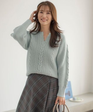 ANY SIS 【洗える】キーネックケーブル ニット ミント