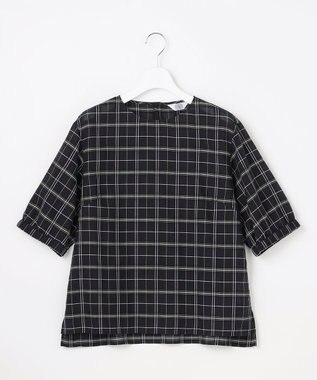 J.PRESS LADIES 【一枚で着映え】キュプラチェック  5分袖 ブラウス ネイビー系