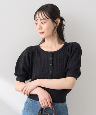 earth music&ecology 透かしケーブルパフスリニットカーディガン Black