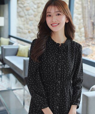 Tiaclasse L 襟フリルリボンワンピース ブラックドット