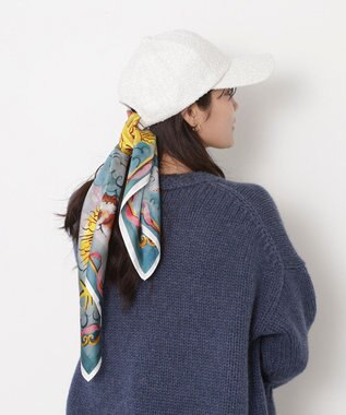 MOONBAT PAUL&JOE ACCESSOIRES(ポール & ジョー) シルクスカーフ 空 オーステルリッツ記念柱 ネコと毛糸 気球 65cm×65cm 手洗いOK ターコイズブルー