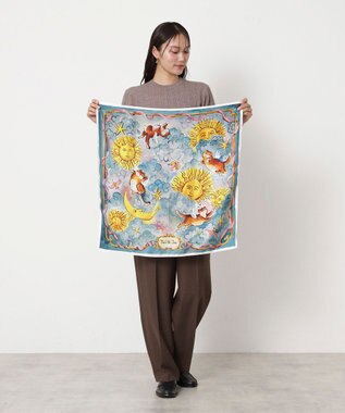 MOONBAT PAUL&JOE ACCESSOIRES(ポール & ジョー) シルクスカーフ 空 オーステルリッツ記念柱 ネコと毛糸 気球 65cm×65cm 手洗いOK ターコイズブルー