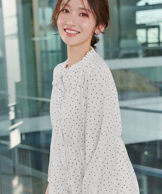 Tiaclasse L 襟フリルリボンワンピース オフホワイトドット