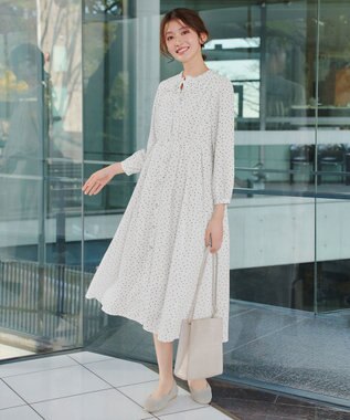 Tiaclasse L 襟フリルリボンワンピース オフホワイトドット