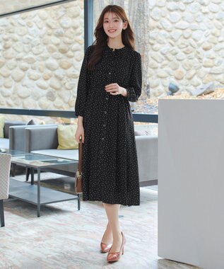 Tiaclasse L 襟フリルリボンワンピース ブラックドット