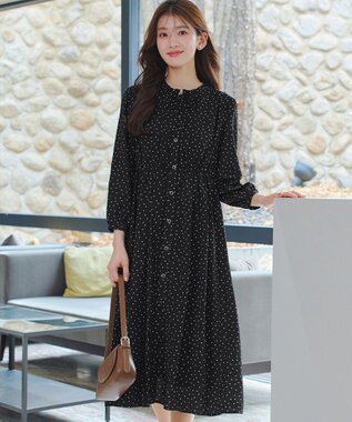 Tiaclasse L 襟フリルリボンワンピース ブラックドット