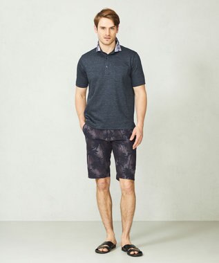 JOSEPH ABBOUD 【吸水速乾】リネンハニカム ポロシャツ(リーフ柄） ネイビー系