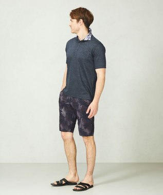 JOSEPH ABBOUD 【吸水速乾】リネンハニカム ポロシャツ(リーフ柄） ネイビー系