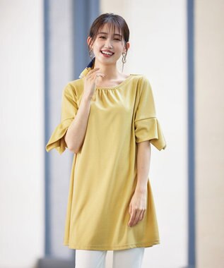 Tiaclasse 【洗える】フレアカフスポンチチュニックブラウス イエロー