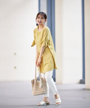 Tiaclasse 【洗える】フレアカフスポンチチュニックブラウス イエロー