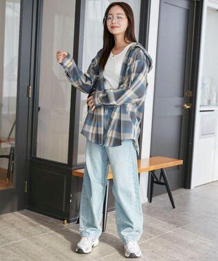 WEGO フードチェックBIGシャツ サックス