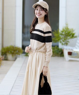 Tiaclasse 【洗える】マルチボーダーニットコンビワンピース ベージュ