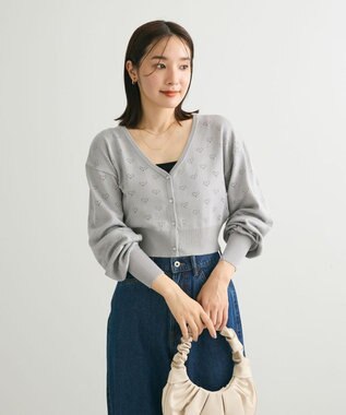 Green Parks ・ｓｗｉｎｇ　ｂｙ　ハート柄スカシニットカーディガン Gray