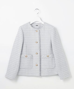 ANY SIS L ノーカラーフリンジツイード ジャケット ブルーグレーミックス