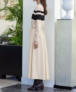 Tiaclasse 【洗える】マルチボーダーニットコンビワンピース ベージュ