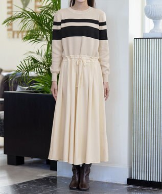 Tiaclasse 【洗える】マルチボーダーニットコンビワンピース ベージュ