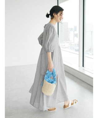 CRAFT STANDARD BOUTIQUE インド綿パフスリーブギャザーワンピース Stripe Gray