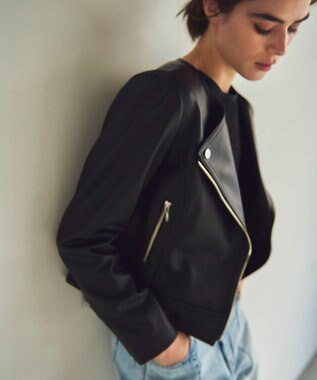 GRACE CONTINENTAL ノーカラーレザーライダースジャケット ブラック