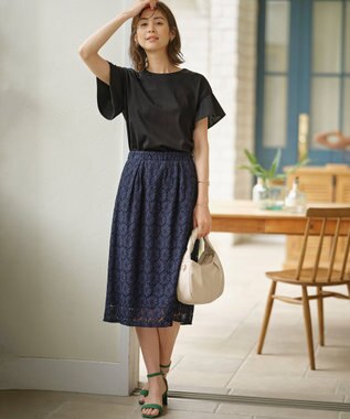 組曲 L 【UVケア・接触冷感】GIZAプレーティング天竺フリルスリーブ Tシャツ ブラック系