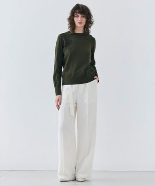 BEIGE， 【ご好評により新色追加！洗える】WILLOW / アシンメトリーレースクルーネックニット Khaki×Khaki