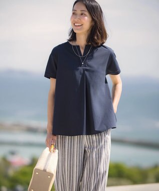J.PRESS LADIES L プレーティングジャージー チュニック丈 カットソー ダークネイビー系