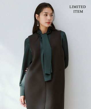 ICB 【WEB限定・洗える】 ドレープサテン ボウタイブラウス ミッドグリーン系