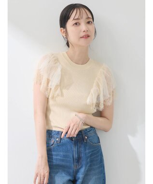 earth music&ecology 袖レースリブニットプルオーバー Light Beige