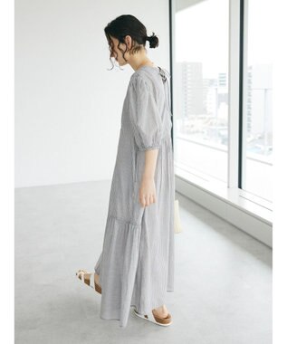 CRAFT STANDARD BOUTIQUE インド綿パフスリーブギャザーワンピース Stripe Gray