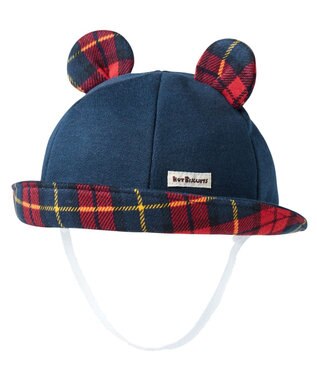  【40-48cm】 チェック柄 お耳付き やわらかベビー帽子