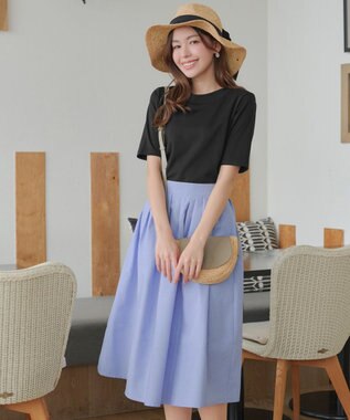Tiaclasse 【選べる丈】麻調タックフレアスカート 膝丈サックス