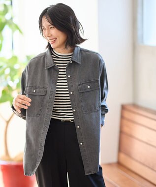 ANY L 【洗濯機可】パールボタンデニムシャツ グレー