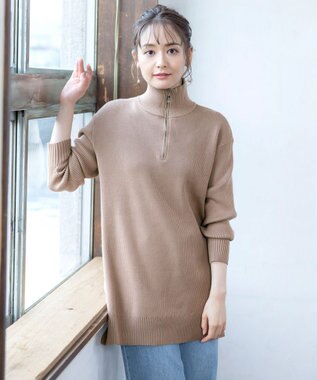 Tiaclasse 【洗える】ハーフジップニットチュニック モカ