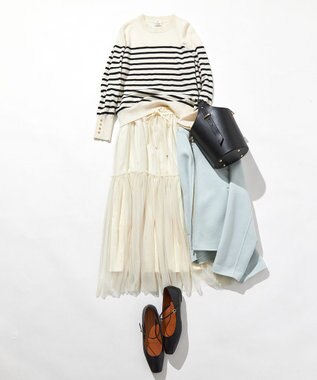 23区 S 【洗える】ピュアカシミヤ ボーダー ニット ライトグレー×ブラックボーダー