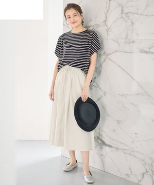 ANY L 【洗濯機可/UVケア/接触冷感】フレンチスリーブロゴ・カラーTシャツ チャコールボーダー