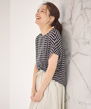 ANY L 【洗濯機可/UVケア/接触冷感】フレンチスリーブロゴ・カラーTシャツ チャコールボーダー