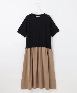 自由区 L 【洗える】タフタコンビ半袖 ワンピース ブラック×ブロンズ
