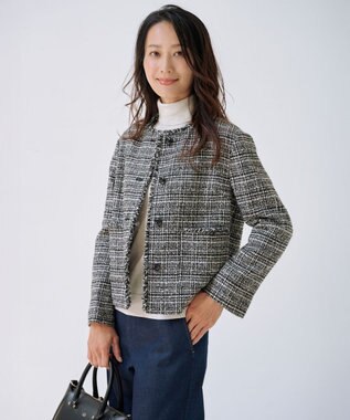 J.PRESS LADIES L Lightループチェック ツイード ジャケット ブラックミックス系