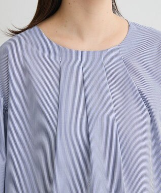Green Parks イージーケア袖タックブラウス Stripe Blue