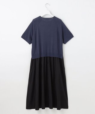 自由区 L 【洗える】タフタコンビ半袖 ワンピース インディゴブルー×ブラック